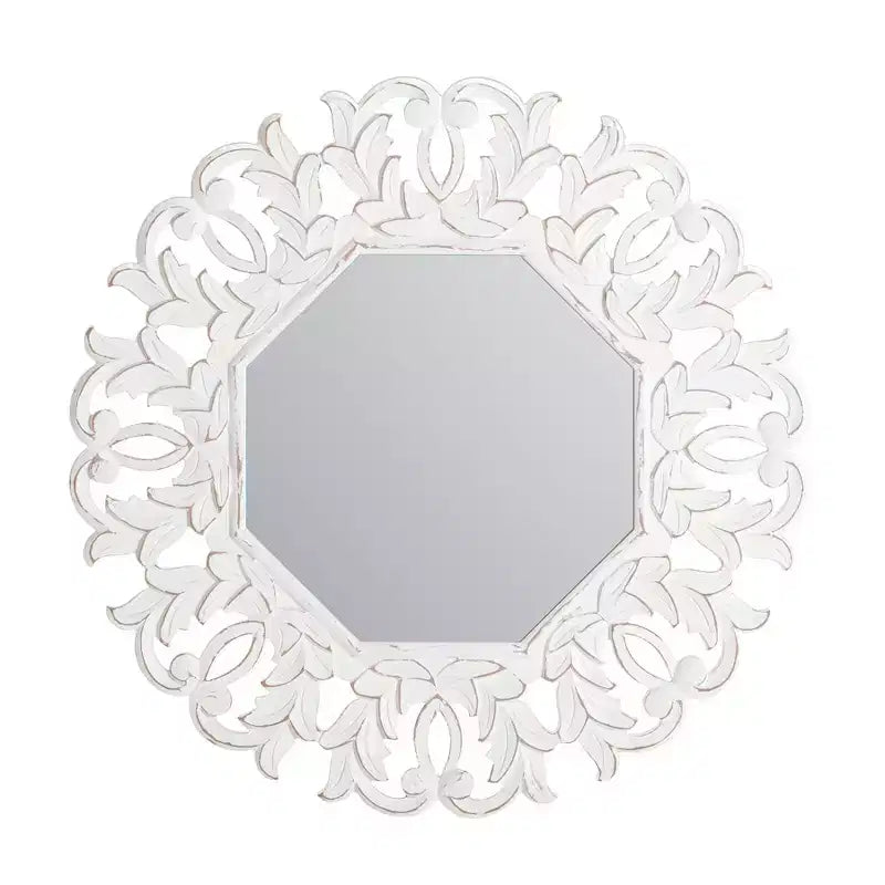 Tull Carved Octagonal Wall Mirror White - Brewster: Modern Style, Wood Frame, No Assembly, 30" Size