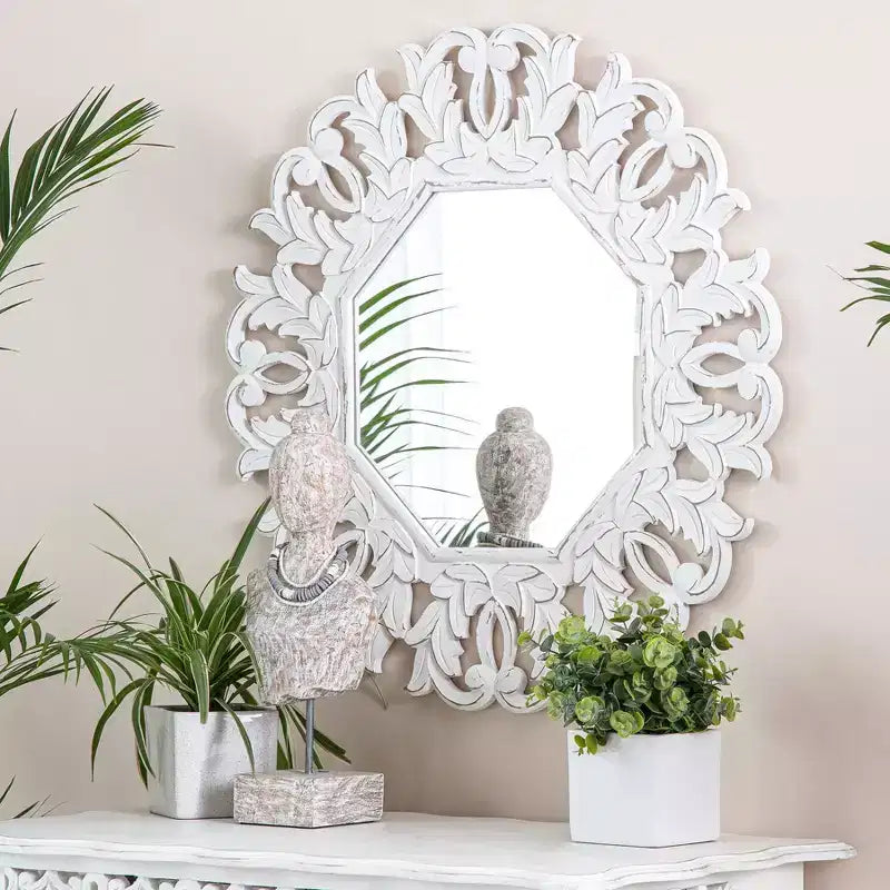 Specchio da parete ottagonale bianco, cornice in legno, 30 pollici