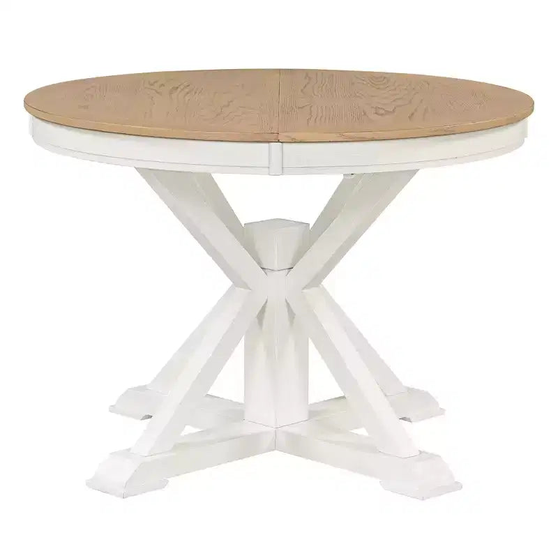 Tavolo rotondo allungabile con prolunga da 30 cm, 6 posti - Espresso / Legno Naturale Lavato / Rovere Legno Naturale Bianco Sporco