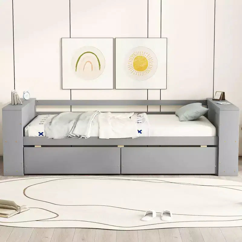 Letto singolo divano bianco con mensole e 2 cassetti, 1 persona