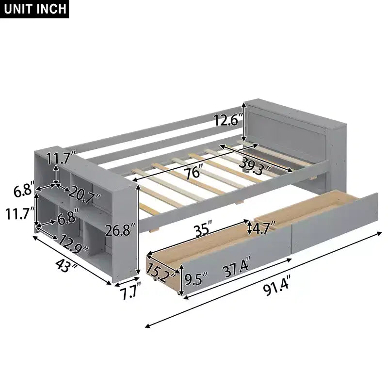 Letto singolo divano bianco con mensole e 2 cassetti, 1 persona