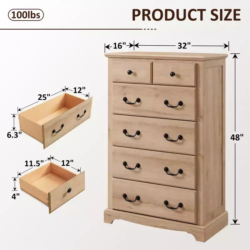 Comò alto retrò marrone a 7 cassetti, per camera da letto, utente singolo