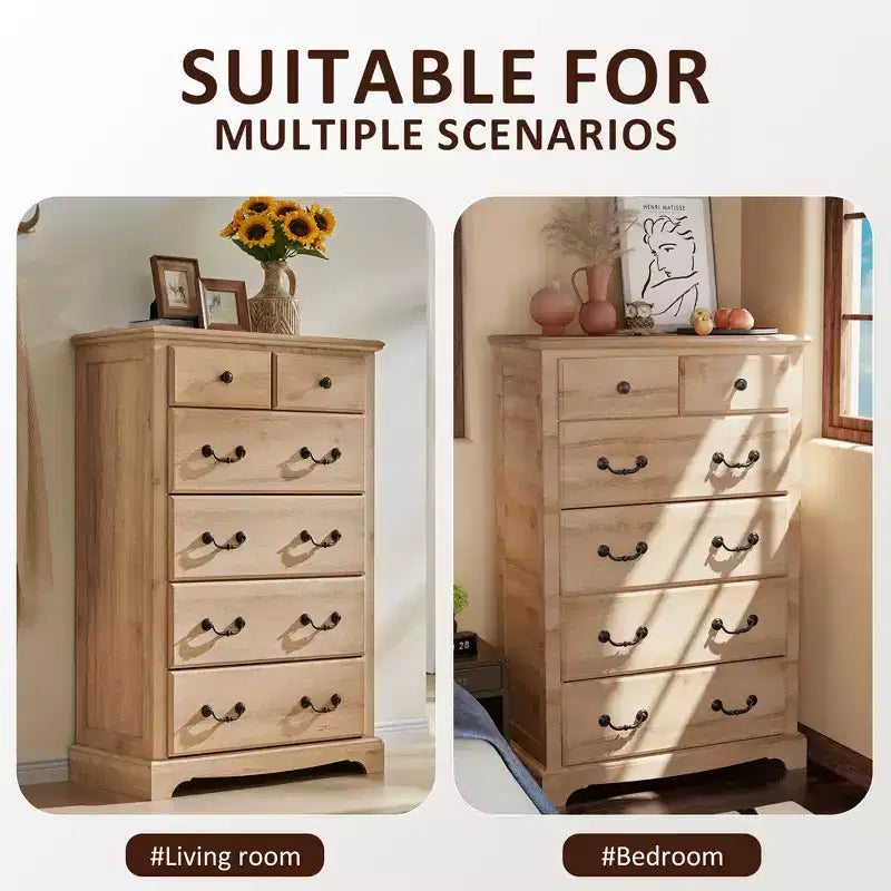 Comò alto retrò marrone a 7 cassetti, per camera da letto, utente singolo