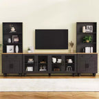 Whisen Farmhouse TV Stand for TVs Up to 70 with Bookshelves and Tempered Glass Doors