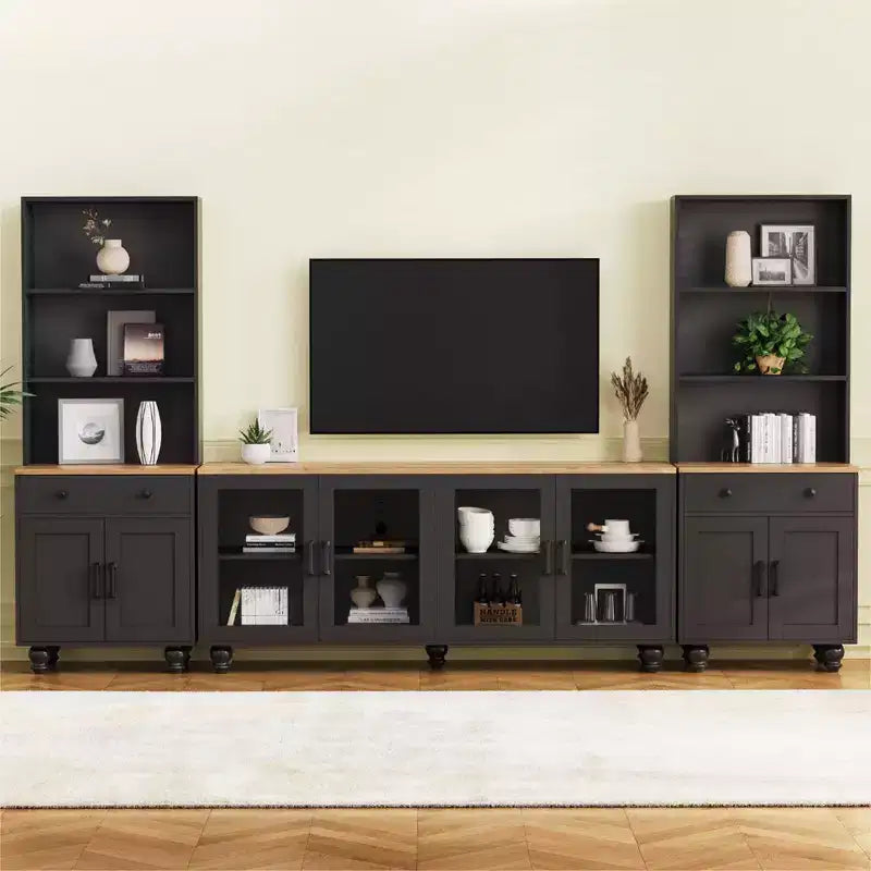 Whisen Farmhouse TV Stand for TVs Up to 70 with Bookshelves and Tempered Glass Doors