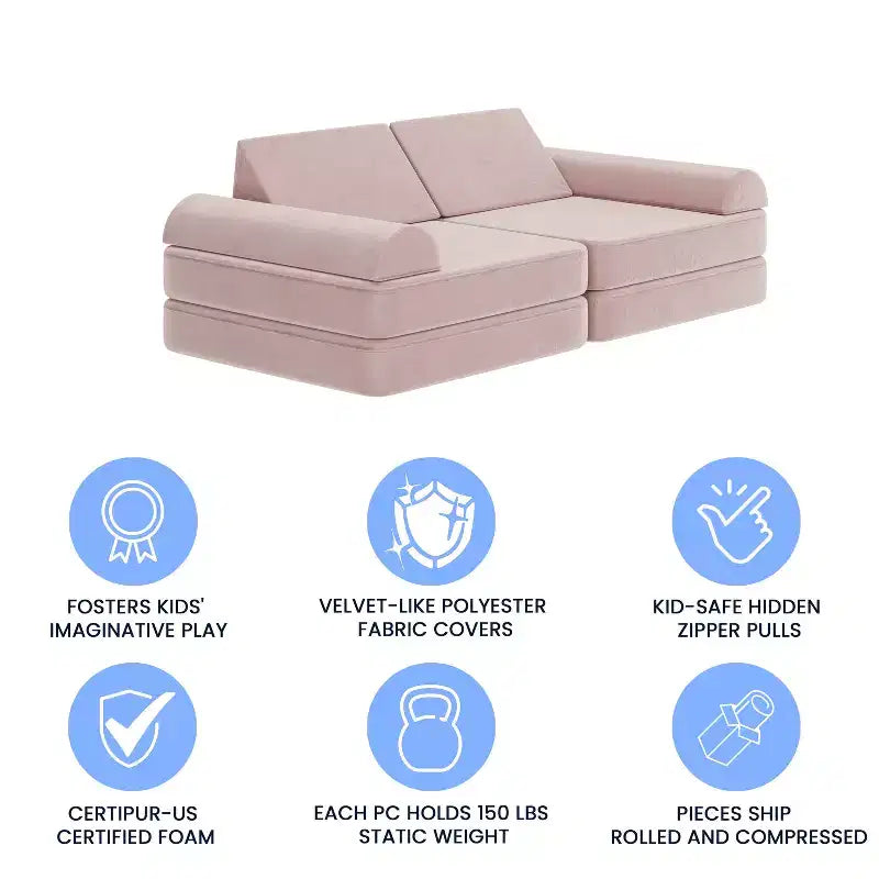 Divano modulare per bambini blu/rosa/grigio/salvia, trasformabile, 6 pezzi, per 2 persone