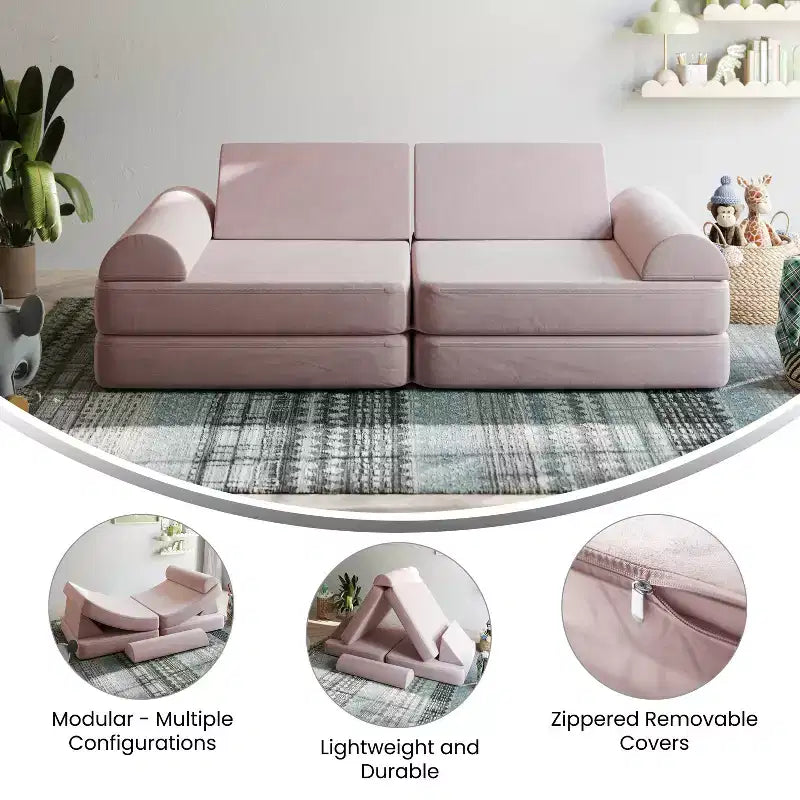 Divano modulare per bambini blu/rosa/grigio/salvia, trasformabile, 6 pezzi, per 2 persone
