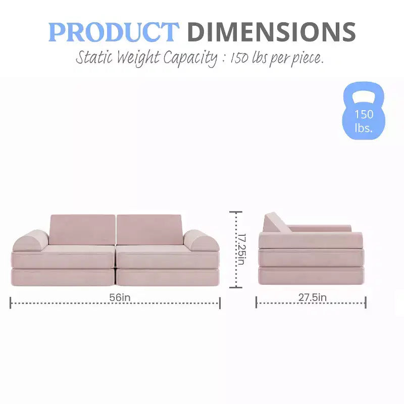 Divano modulare per bambini blu/rosa/grigio/salvia, trasformabile, 6 pezzi, per 2 persone