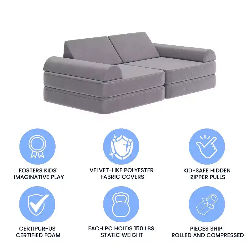 Divano modulare per bambini blu/rosa/grigio/salvia, trasformabile, 6 pezzi, per 2 persone