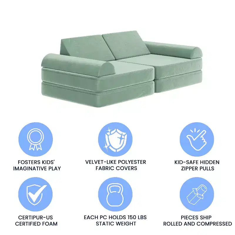 Divano modulare per bambini blu/rosa/grigio/salvia, trasformabile, 6 pezzi, per 2 persone