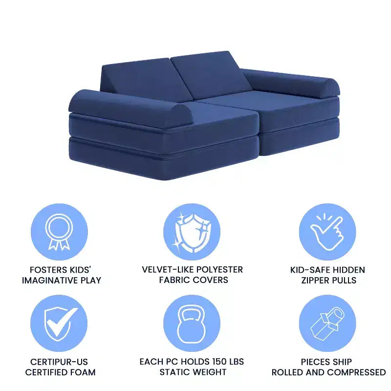 Divano modulare per bambini blu/rosa/grigio/salvia, trasformabile, 6 pezzi, per 2 persone