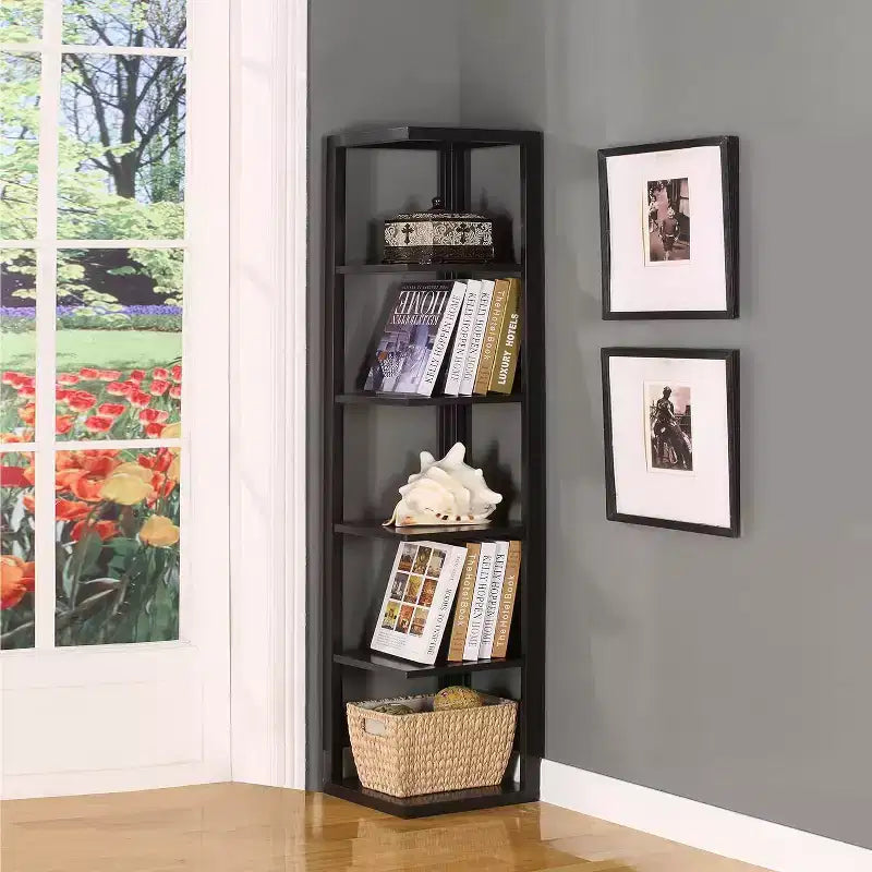 Kings Brand Furniture Wood Wall Corner Bookshelf with 5 Tiers for Living Room Bedroom, Espresso