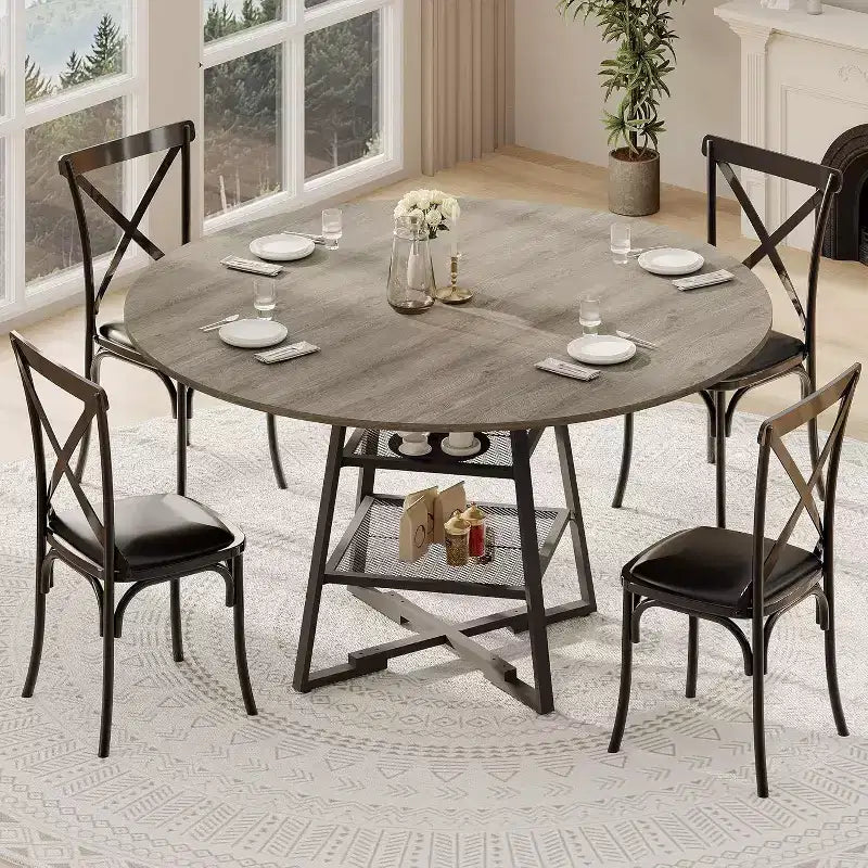 Tavolo da pranzo rotondo per 4-6 persone nero/marrone/grigio, in legno e metallo con ripiano portaoggetti