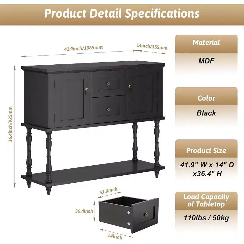 Consolle/Tavolo da ingresso da fattoria nero/verde con 2 cassetti e 2 ante, 42 pollici