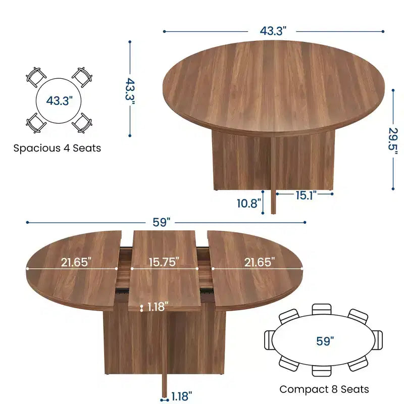Tavolo da pranzo rotondo allungabile in nero / noce / legno, 4-8 posti a sedere