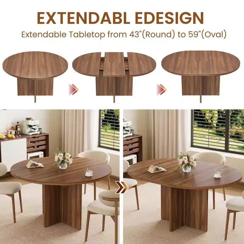 Tavolo da pranzo rotondo allungabile in nero / noce / legno, 4-8 posti a sedere