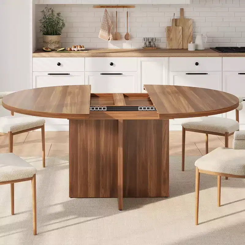 Tavolo da pranzo rotondo allungabile in nero / noce / legno, 4-8 posti a sedere