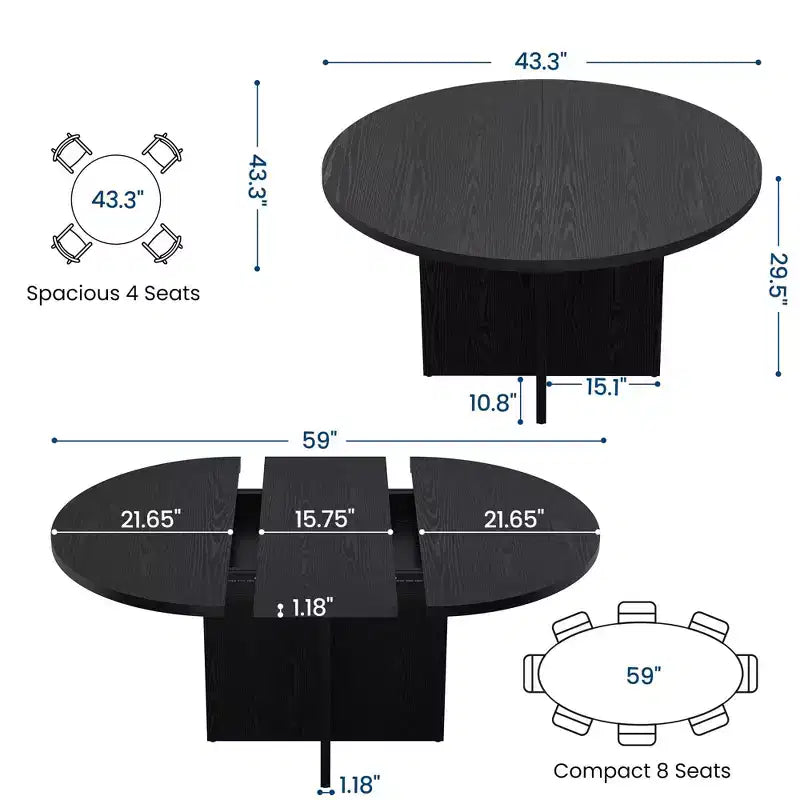 Tavolo da pranzo rotondo allungabile in nero / noce / legno, 4-8 posti a sedere