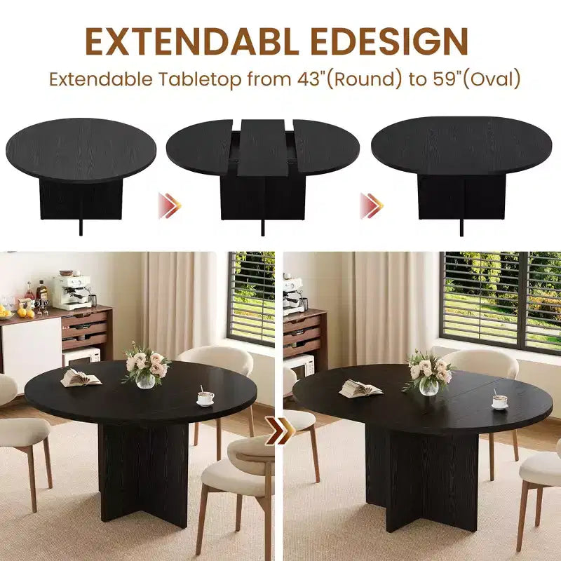 Tavolo da pranzo rotondo allungabile in nero / noce / legno, 4-8 posti a sedere