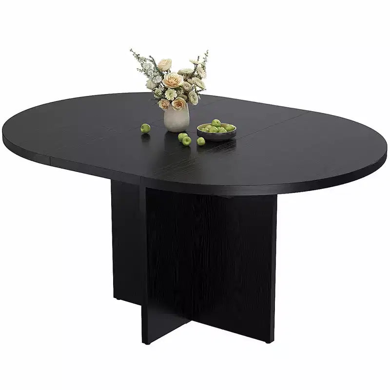 Tavolo da pranzo rotondo allungabile in nero / noce / legno, 4-8 posti a sedere