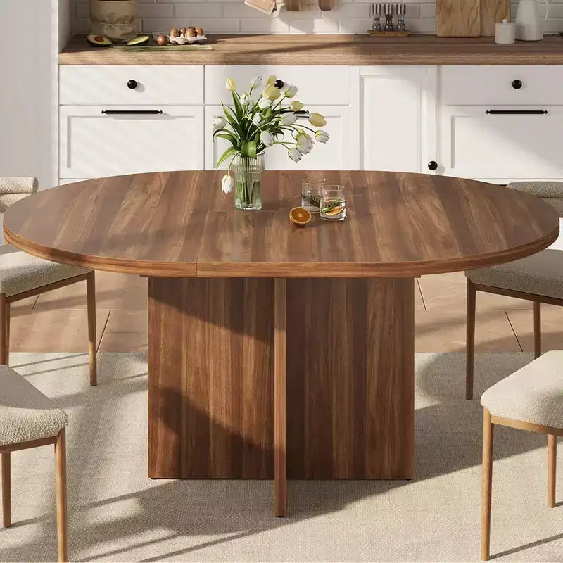 Tavolo da pranzo rotondo allungabile in nero / noce / legno, 4-8 posti a sedere