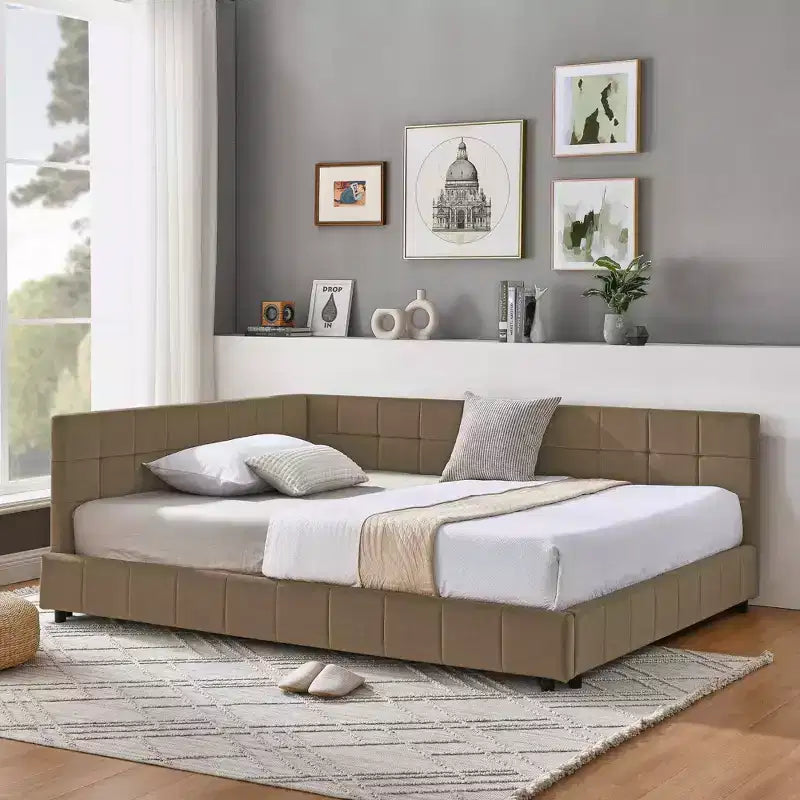 Letto queen imbottito in velluto marrone trapuntato con contenitore, 1-2 posti