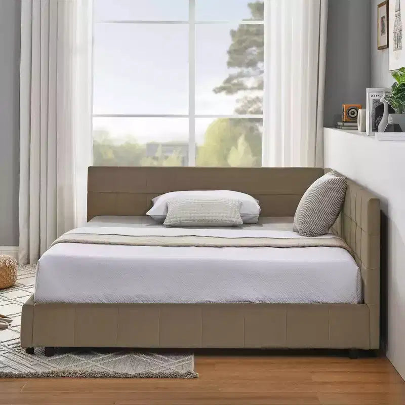 Letto queen imbottito in velluto marrone trapuntato con contenitore, 1-2 posti
