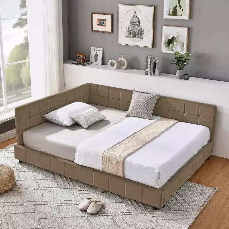 Letto queen imbottito in velluto marrone trapuntato con contenitore, 1-2 posti