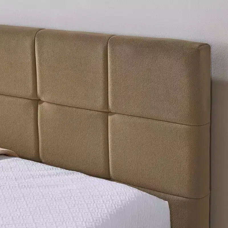Letto queen imbottito in velluto marrone trapuntato con contenitore, 1-2 posti