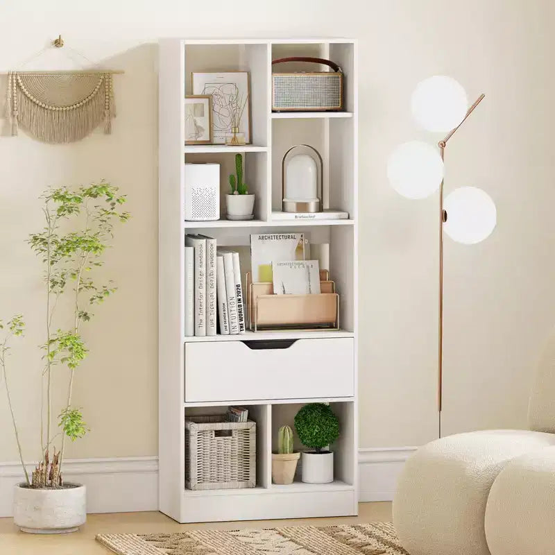 Libreria alta naturale/bianca con cassetto e 7 cubi aperti, 1-2 pz