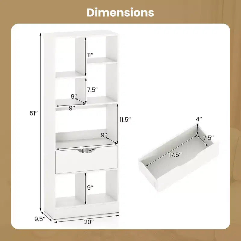 Libreria alta naturale/bianca con cassetto e 7 cubi aperti, 1-2 pz
