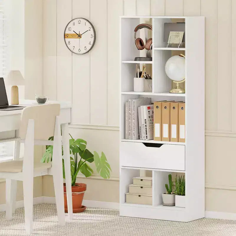 Libreria alta naturale/bianca con cassetto e 7 cubi aperti, 1-2 pz
