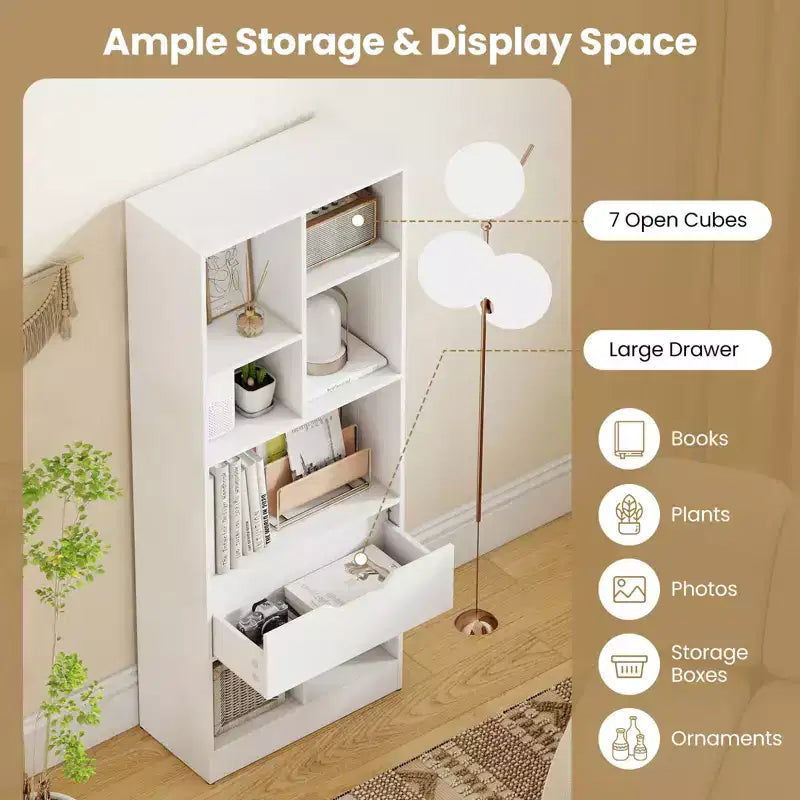 Libreria alta naturale/bianca con cassetto e 7 cubi aperti, 1-2 pz