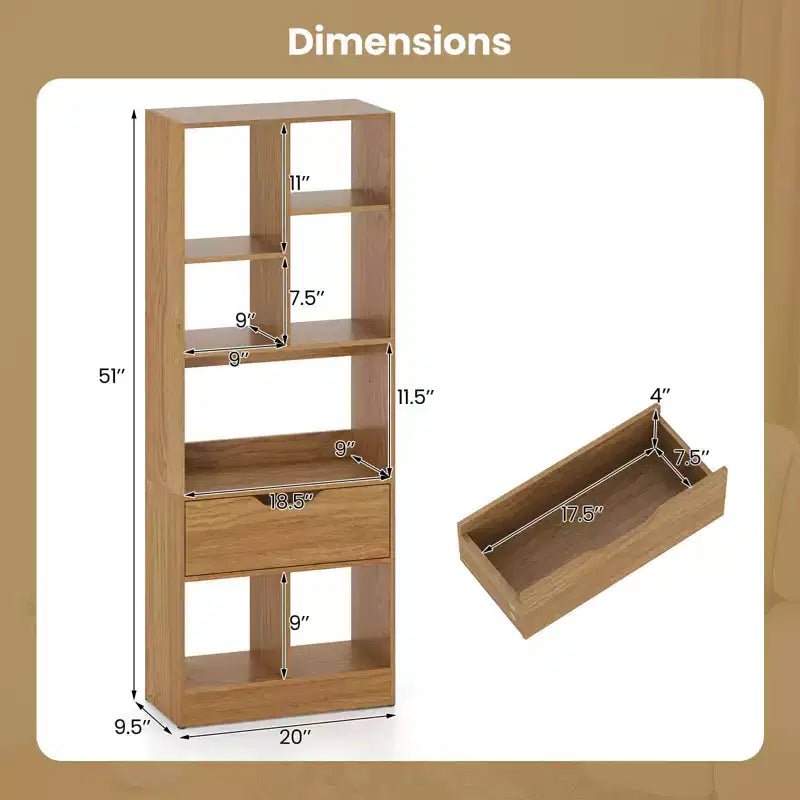 Libreria alta naturale/bianca con cassetto e 7 cubi aperti, 1-2 pz