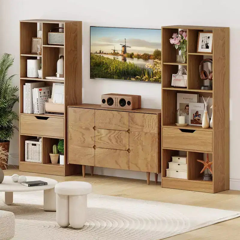 Libreria alta naturale/bianca con cassetto e 7 cubi aperti, 1-2 pz