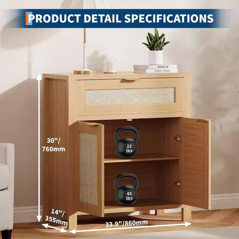 Credenza in rattan beige/marrone con cassetto e 2 ante, assemblaggio da una persona
