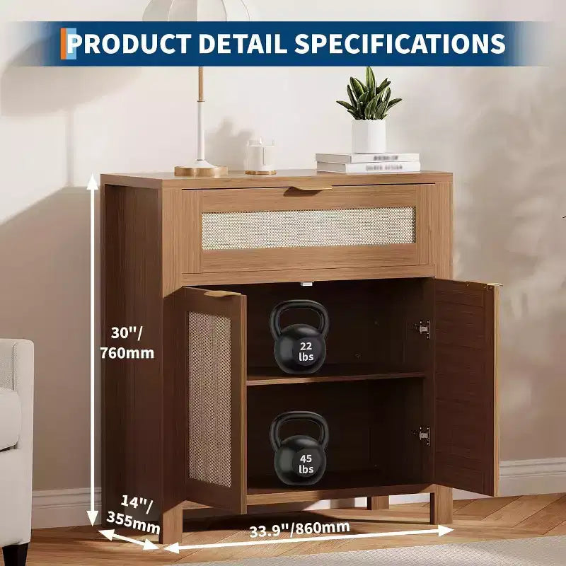Credenza in rattan beige/marrone con cassetto e 2 ante, assemblaggio da una persona
