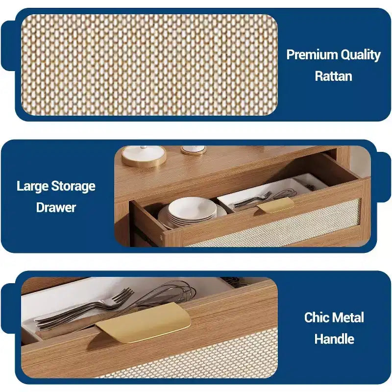 Credenza in rattan beige/marrone con cassetto e 2 ante, assemblaggio da una persona