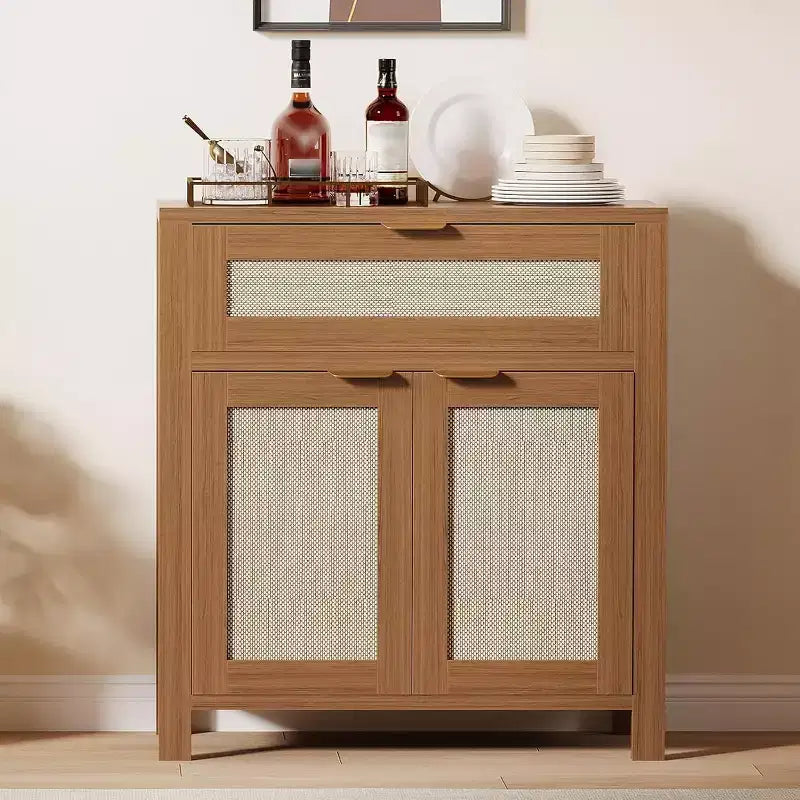 Credenza in rattan beige/marrone con cassetto e 2 ante, assemblaggio da una persona