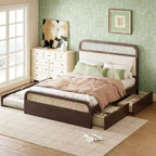 Luxystar Queen size Wood Rattan Platform Bed with Trundle, 2 Drawers and Upholstered Headboard, Espresso
