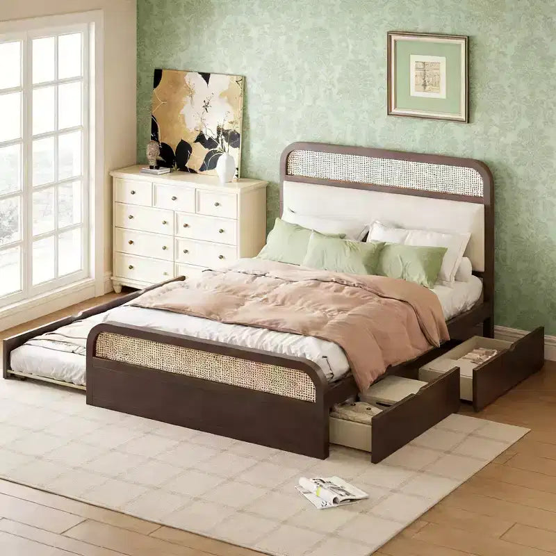 Luxystar Queen size Wood Rattan Platform Bed with Trundle, 2 Drawers and Upholstered Headboard, Espresso