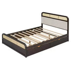 Letto matrimoniale con piattaforma espresso con rotelle e 2 cassetti, dettagli in rattan, 2 posti letto