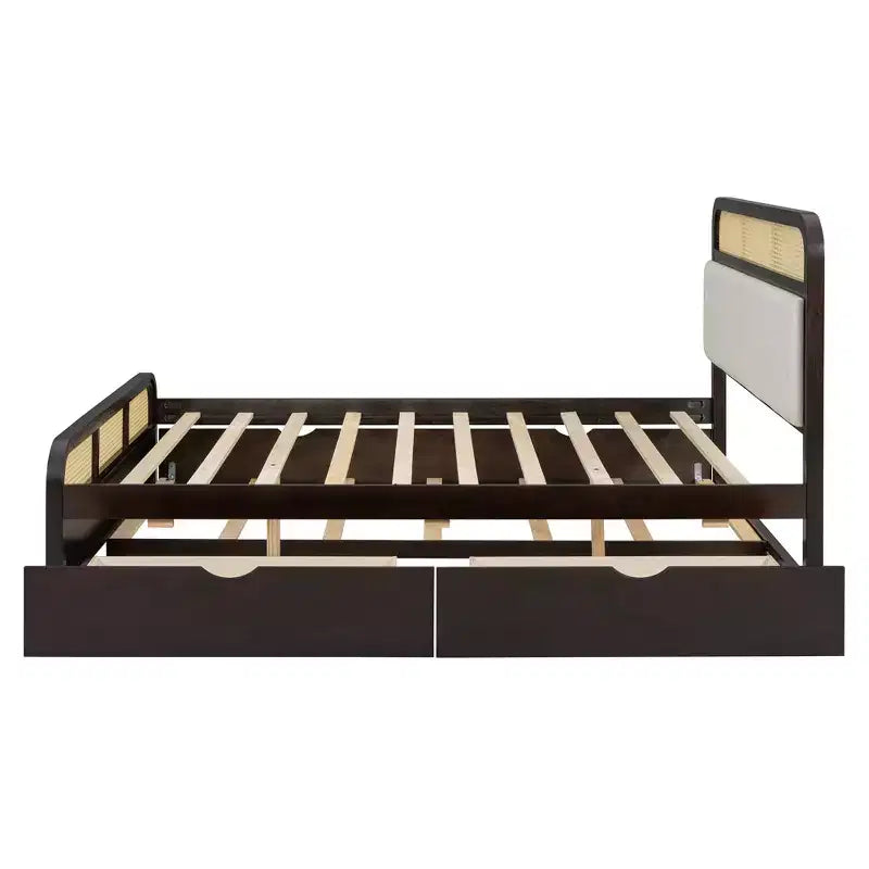 Letto matrimoniale con piattaforma espresso con rotelle e 2 cassetti, dettagli in rattan, 2 posti letto