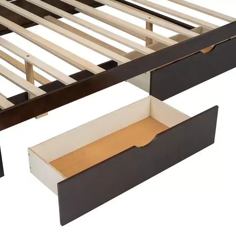Letto matrimoniale con piattaforma espresso con rotelle e 2 cassetti, dettagli in rattan, 2 posti letto