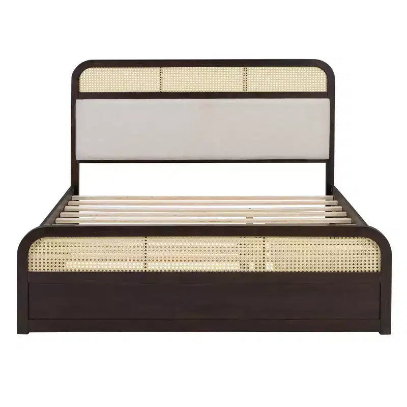 Letto matrimoniale con piattaforma espresso con rotelle e 2 cassetti, dettagli in rattan, 2 posti letto