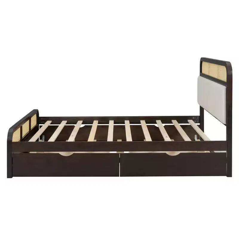Letto matrimoniale con piattaforma espresso con rotelle e 2 cassetti, dettagli in rattan, 2 posti letto
