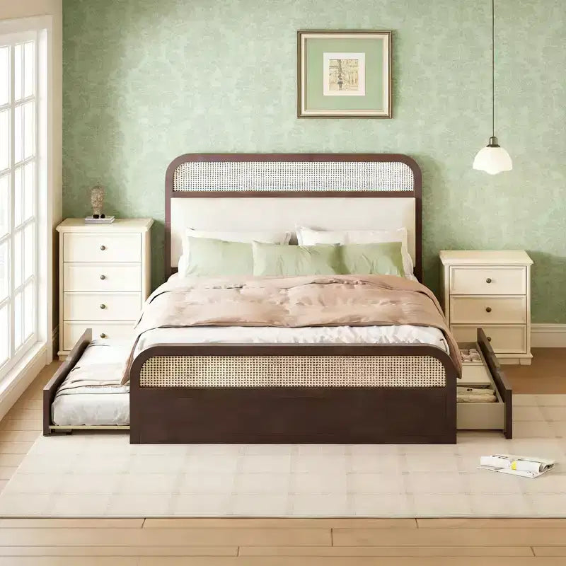 Letto matrimoniale con piattaforma espresso con rotelle e 2 cassetti, dettagli in rattan, 2 posti letto