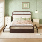 Letto matrimoniale con piattaforma espresso con rotelle e 2 cassetti, dettagli in rattan, 2 posti letto