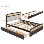 Letto matrimoniale con piattaforma espresso con rotelle e 2 cassetti, dettagli in rattan, 2 posti letto