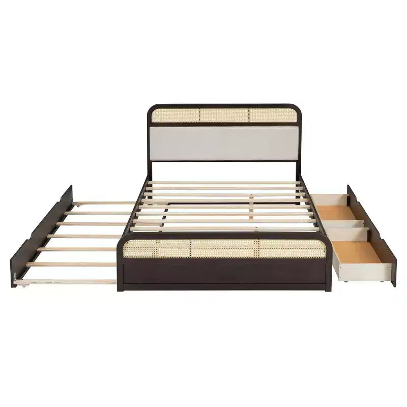 Letto matrimoniale con piattaforma espresso con rotelle e 2 cassetti, dettagli in rattan, 2 posti letto